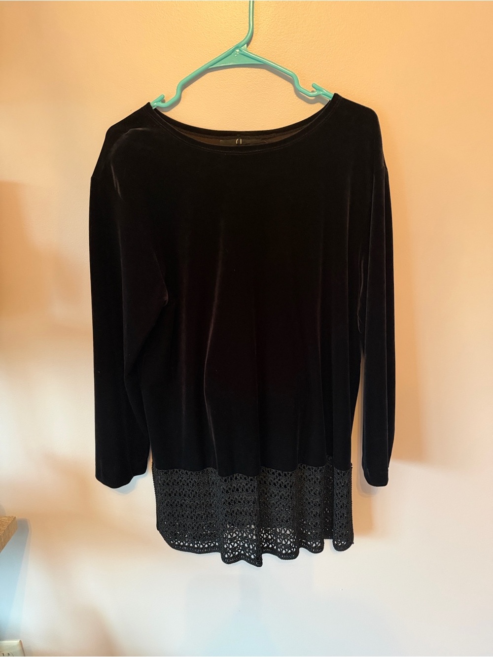 Carole Little Black Velvet Long-Sleeve Top with Crochet Hem Trim